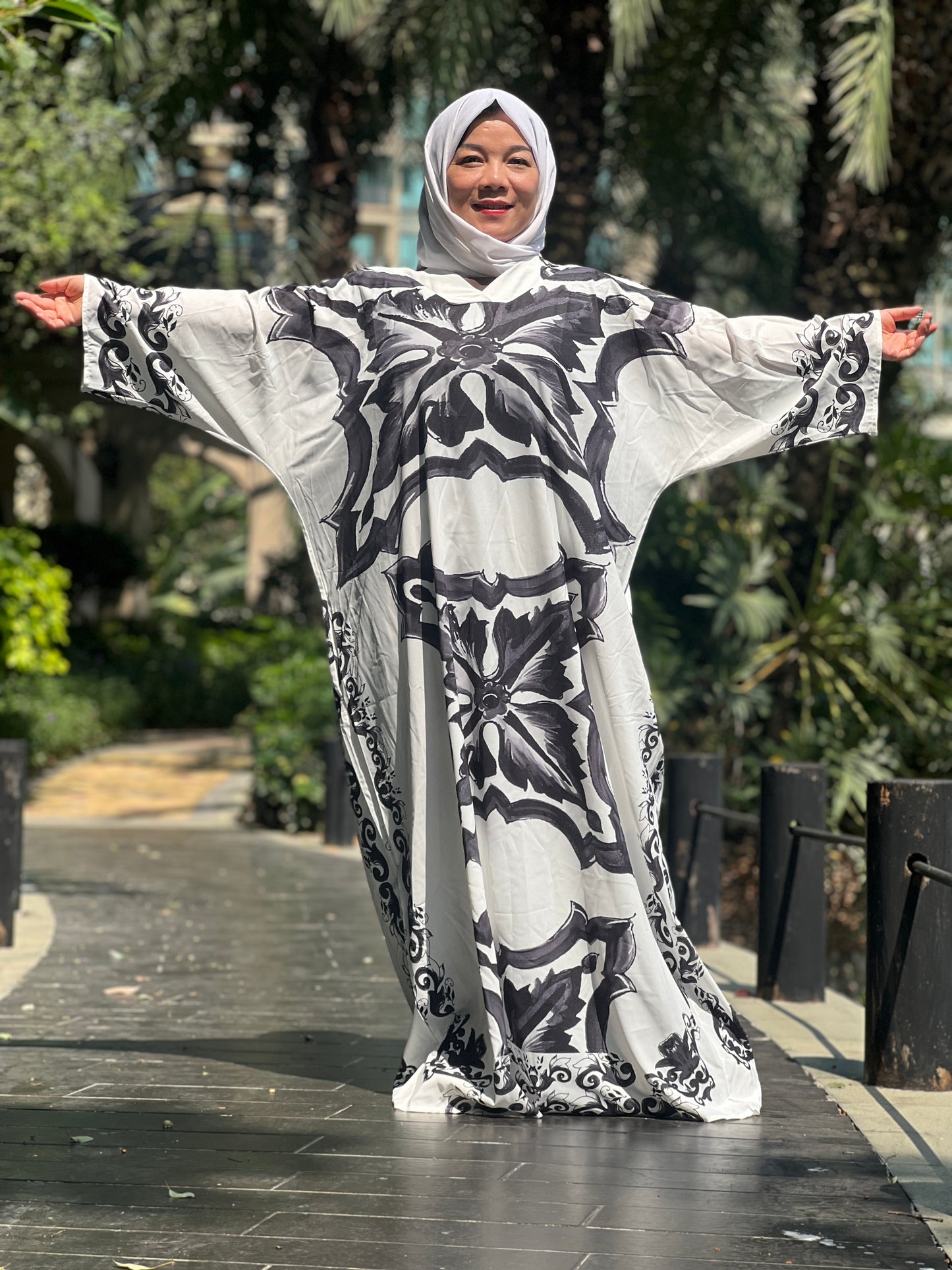 A3【H58】Muslim Dubai Women's Print Pleated Long Sleeve Loose Dress