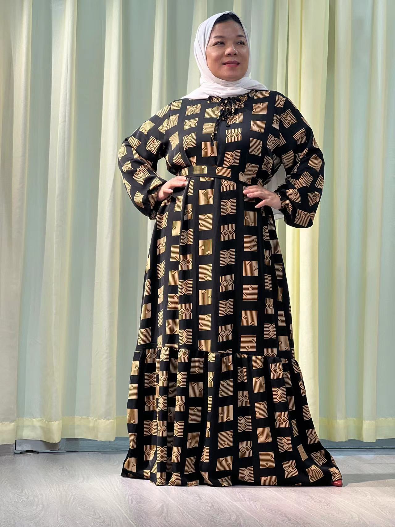 A4【H118】Muslim Dubai Women's  Print Pleated Long Sleeve Loose Dress