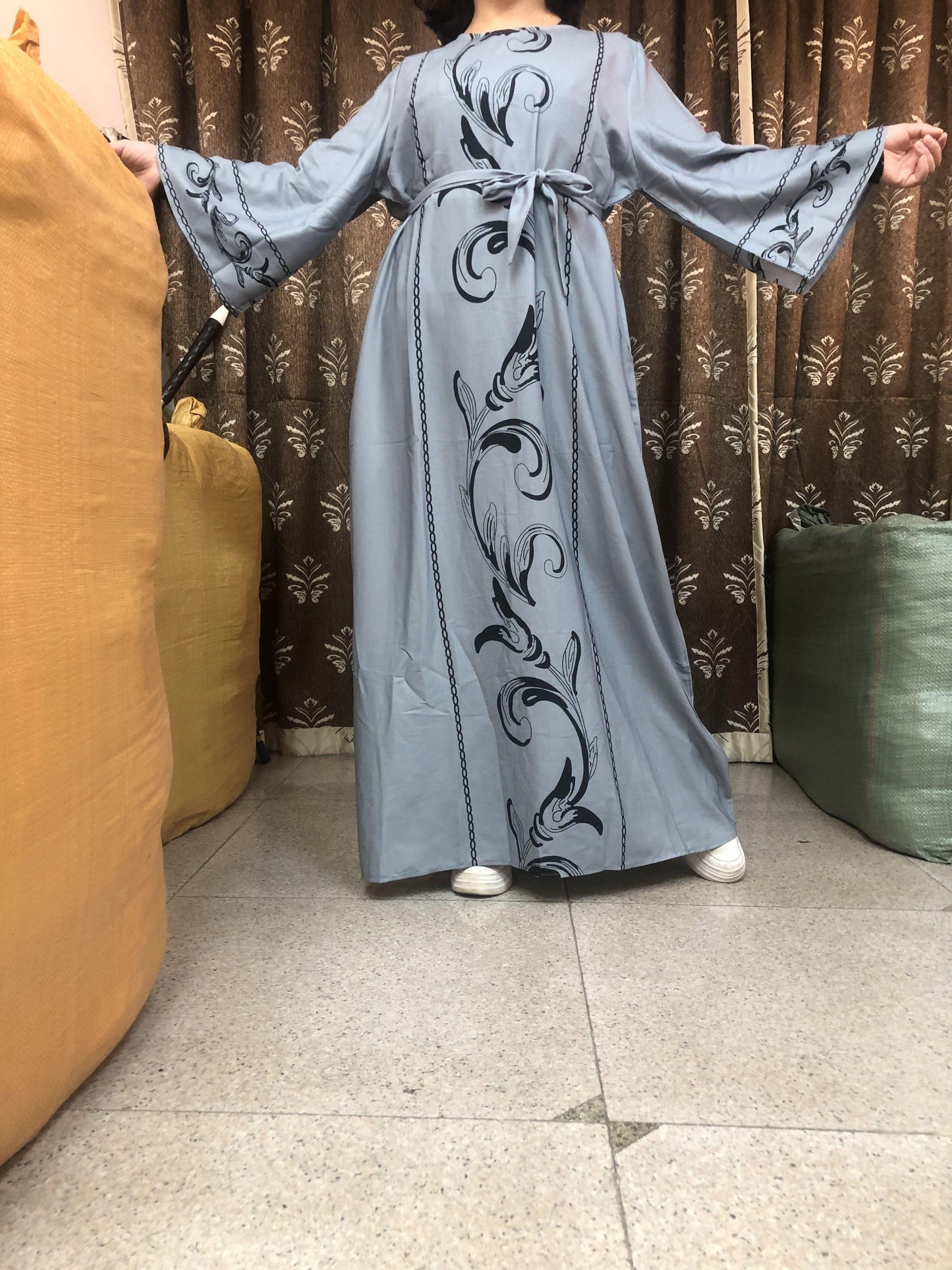 【H19】Solid Loose Long Maxi Dress Cotton Linen Long Muslim Dress with belt