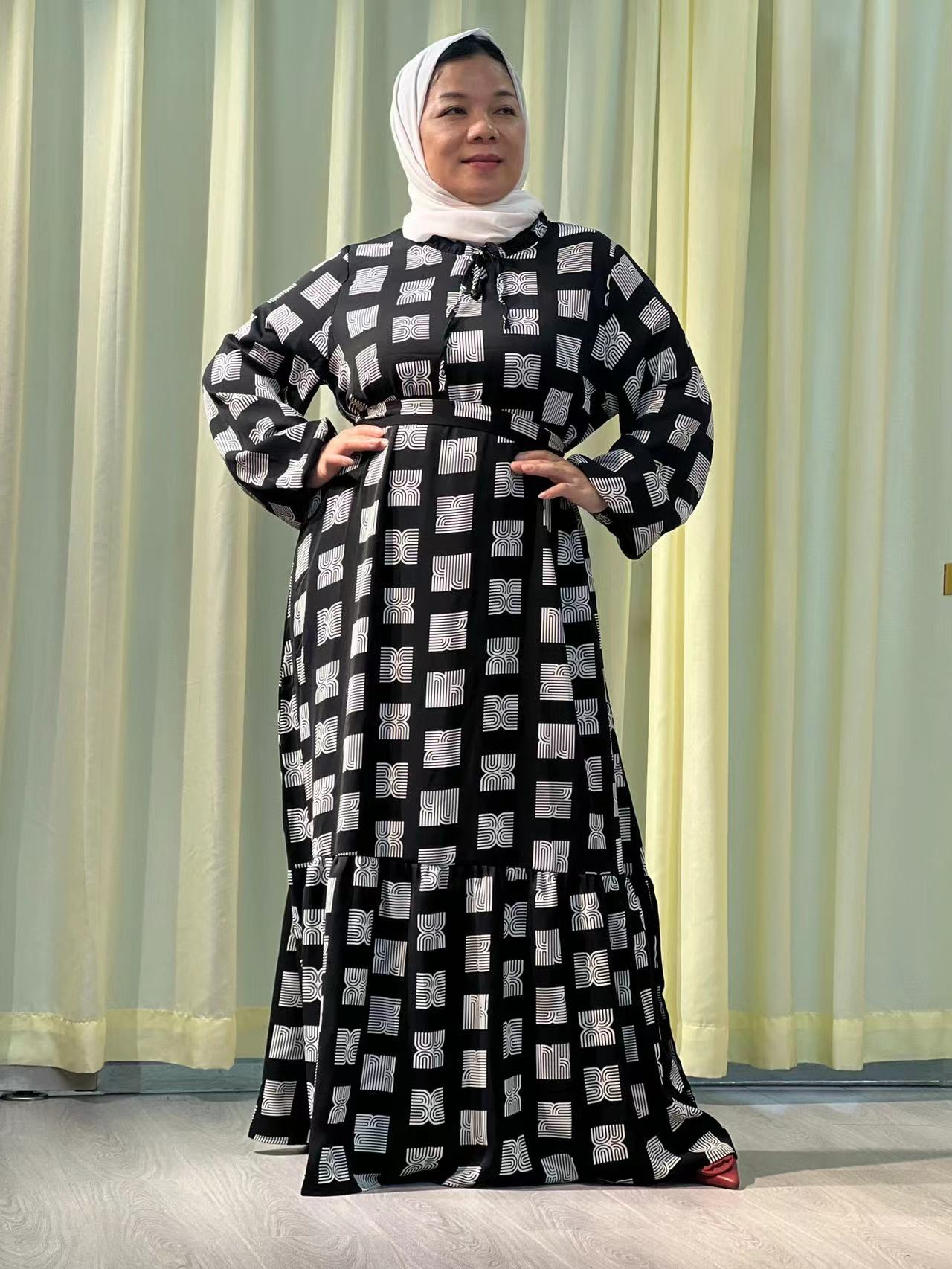 A4【H118】Muslim Dubai Women's  Print Pleated Long Sleeve Loose Dress