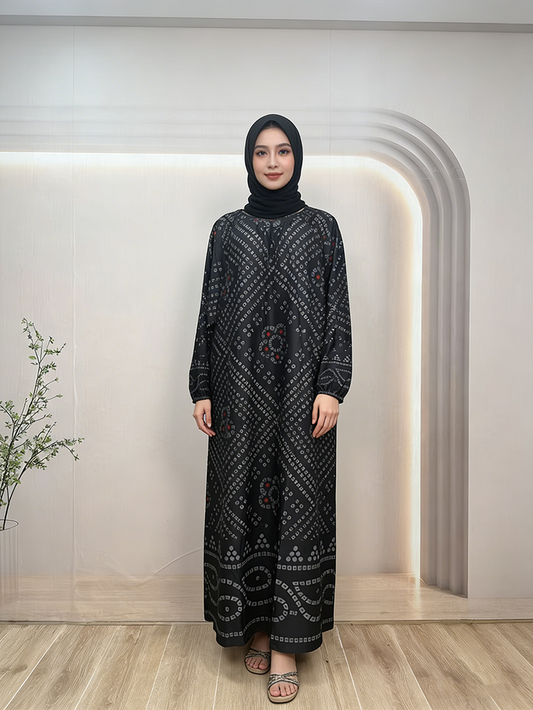 Modest Digital Printing Dubai Robe Floor Length Long Sleeve Lightweight Rayon Dress for Muslim Women