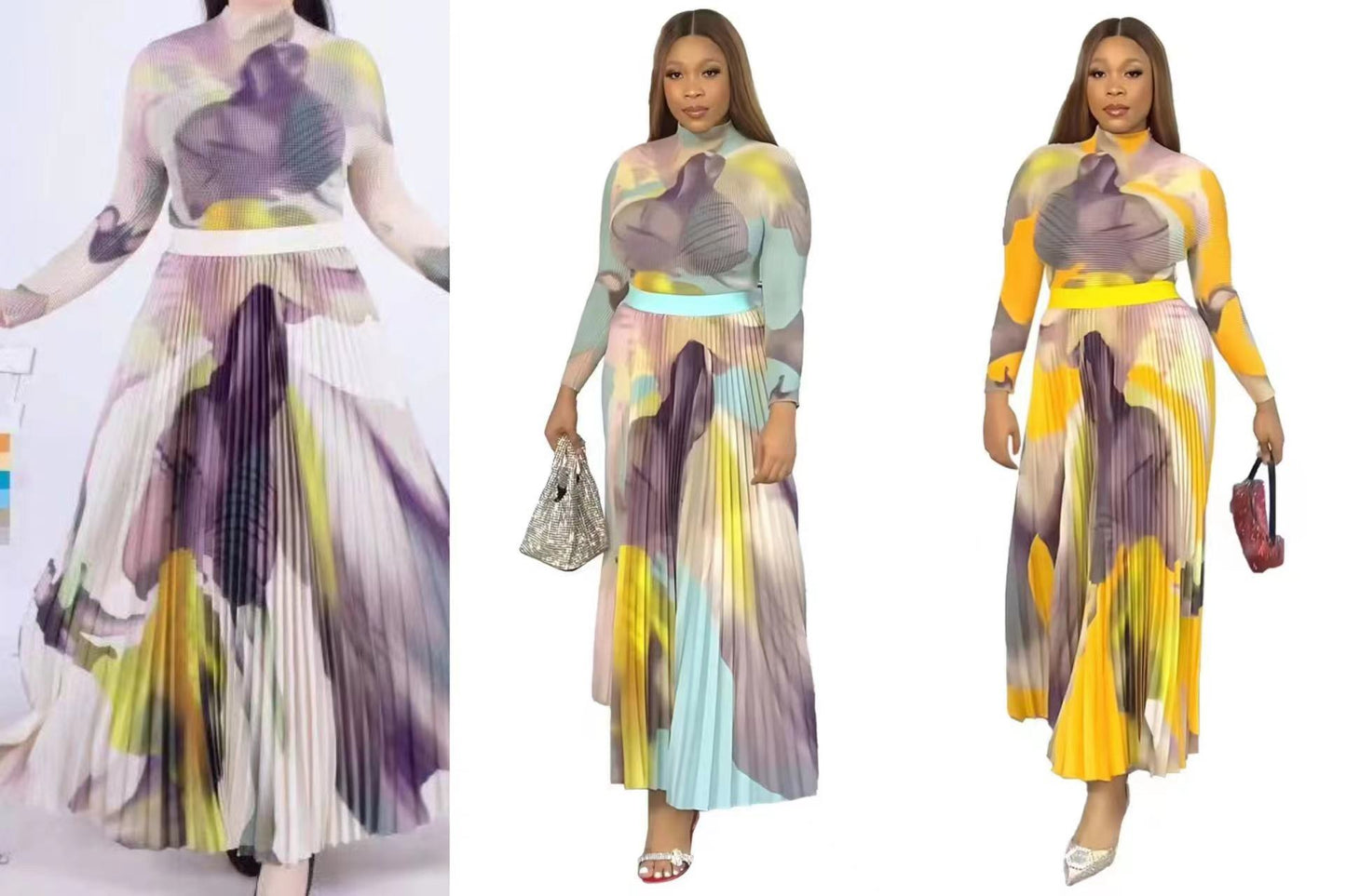 A2【LD001】2024 Dubai Women's Two piece Skirt with Hundred Fold Watercolor Printed Long Sleeve