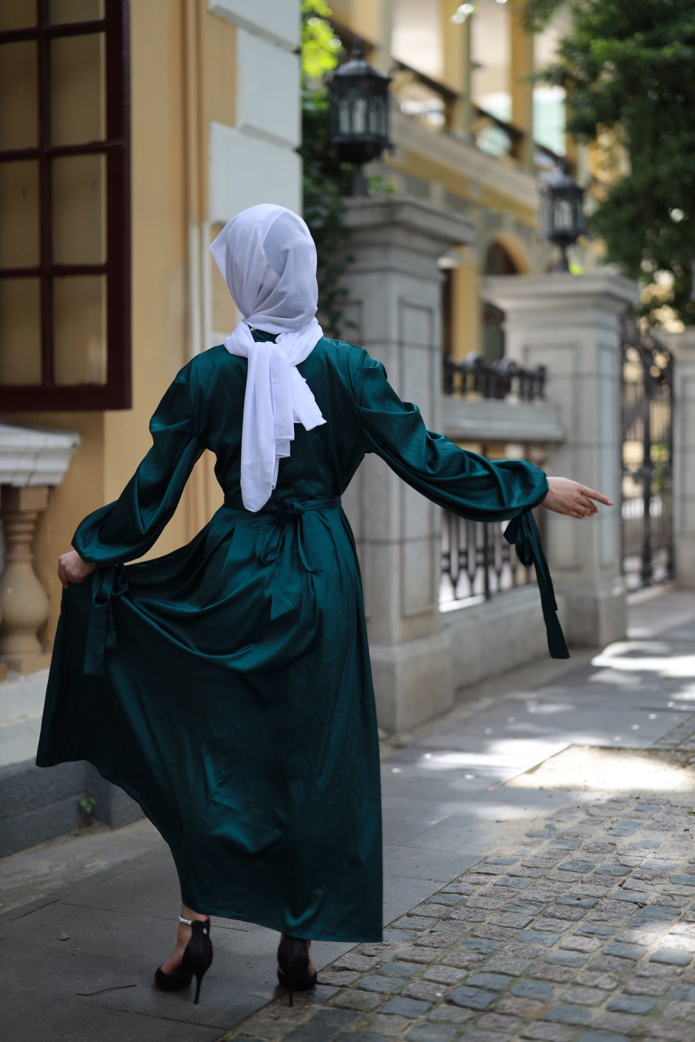 B【234-1】Women's Plain Satin Abaya Dress Round Collar Balloon Sleeve dress