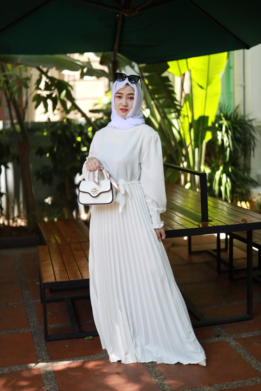 【B2106】Women's plain pleated long abaya dress