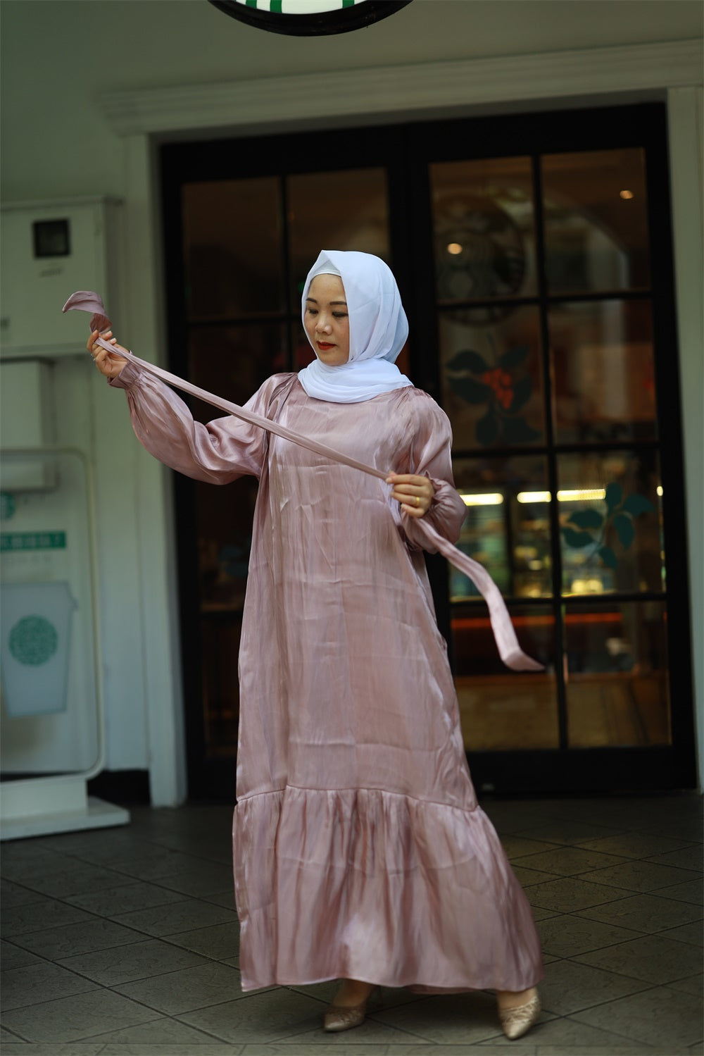 【T113】Rainbow Hot sale 4 colors Islamic clothing puff sleeve shiny long dress for Muslim Women