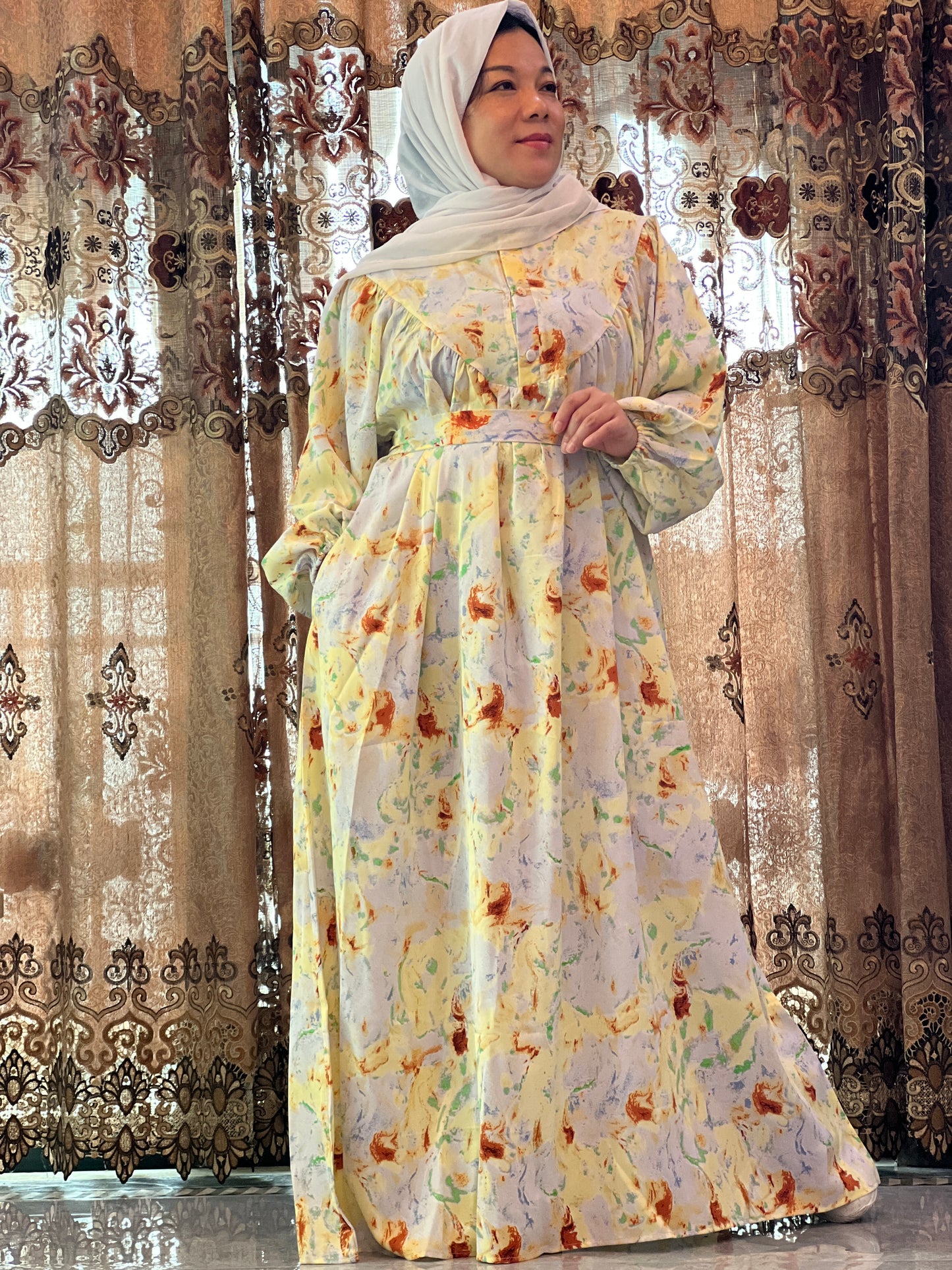 B【531】Women Dubai Watercolour printing Kaftan Farasha Caftan Long Maxi Dress Long Sleeves Georgette Ethnic, Bridal, Evening, Party, Wedding Dress