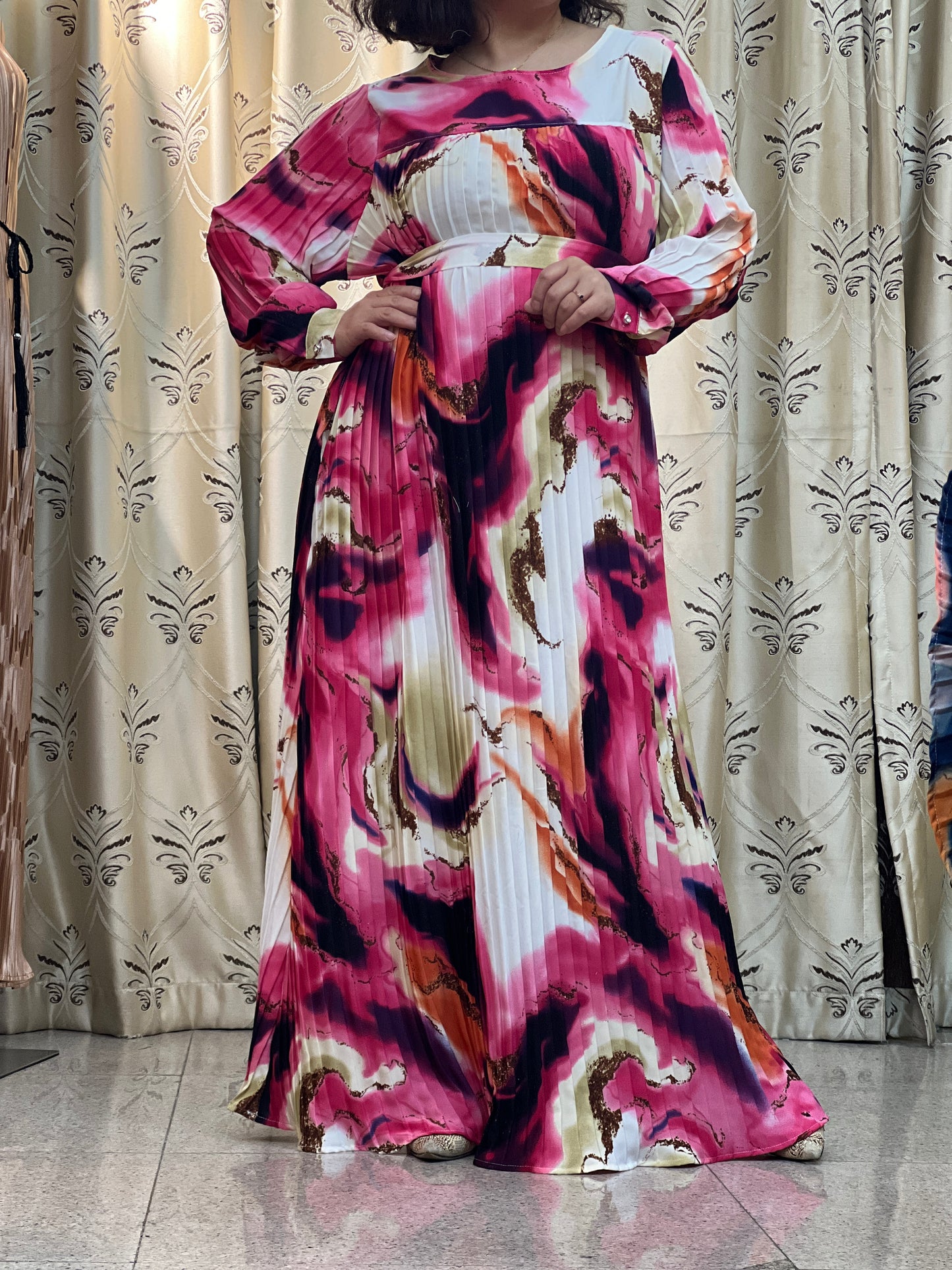 【AH29-3】Women Dubai Pleated Tiger Leopard Kaftan Farasha Caftan Long Maxi Dress Long Sleeves Georgette Ethnic, Bridal, Evening, Party, Wedding Dress