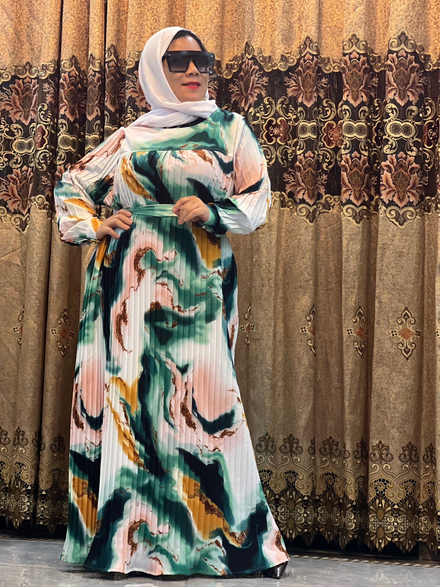 【AH29-3】Women Dubai Pleated Tiger Leopard Kaftan Farasha Caftan Long Maxi Dress Long Sleeves Georgette Ethnic, Bridal, Evening, Party, Wedding Dress
