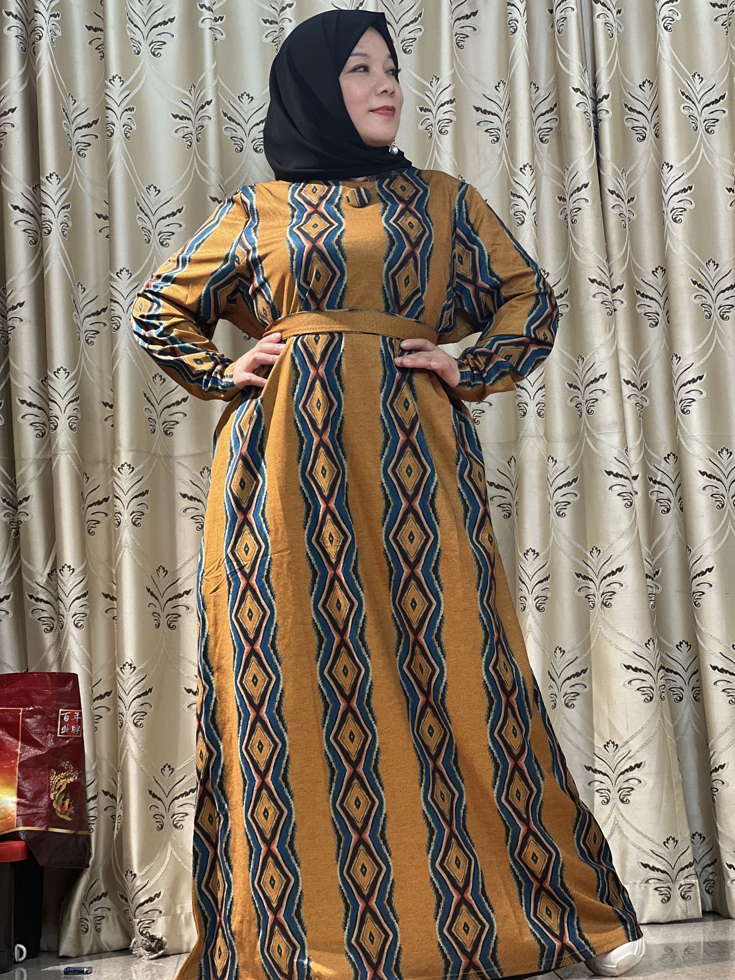 【H15-928】Muslim Women's winter spinning print long dress