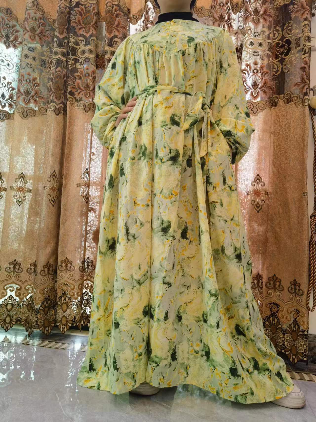 B【531】Women Dubai Watercolour printing Kaftan Farasha Caftan Long Maxi Dress Long Sleeves Georgette Ethnic, Bridal, Evening, Party, Wedding Dress