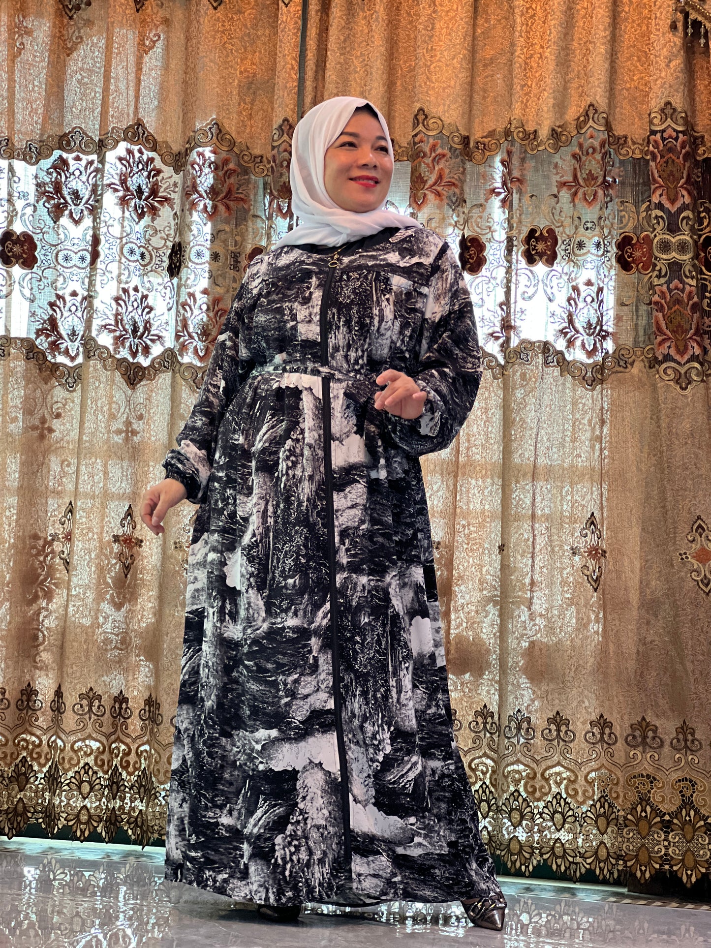 A3【H88】Women Dubai Watercolour printing Kaftan Farasha Caftan Long Maxi Dress Long Sleeves Georgette Ethnic, Bridal, Evening, Party, Wedding Dress